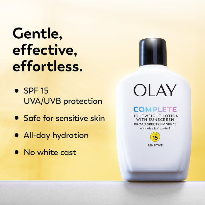 Olay Complete Lotion Moisturizer with SPF 15 Sensitive bottle. Gentle, effective, effortless. SPF15 UVA/UVB protection. Safe for sensitive skin. All day hydration. No white cast