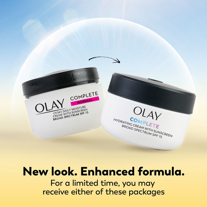 Olay Complete Cream Moisturizer with SPF 15 Normal container new design and old. New look. Enhanced formula. For a limited time you may receive either of these packages.
