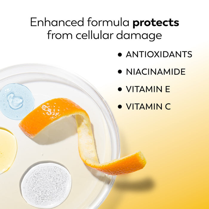Ingredients with orange peel. Enhanced formula protects from cellular damage. Antioxidants, Niacinamide, vitamin e. vitamin c