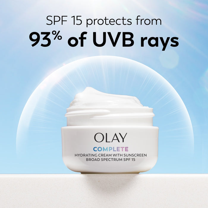 Olay Complete Cream Moisturizer with SPF 15 Normal container with lid off. SPF 15 protects from 93% of UVB rays.