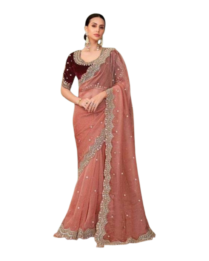 Coral Pink - Fancy Saree with contrast Blouse Piece - UK stock - 24hr Dispatch - TFH206TT