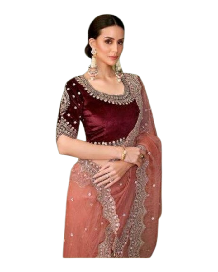 Coral Pink - Fancy Saree with contrast Blouse Piece - UK stock - 24hr Dispatch - TFH206TT