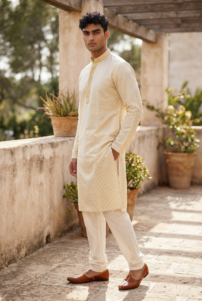Cream - Shaded Lucknowi Sequins Mens Indian Kurta Set - Weddings / Walimas , Sangeet, Eid, Mehndi / Henna - KCS1040 VK 0225