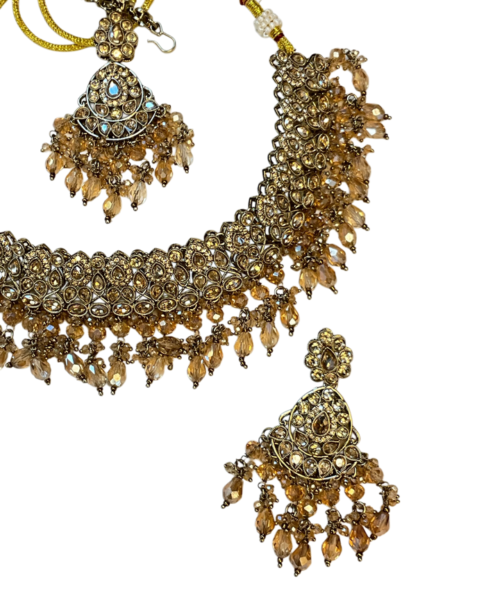Crystal - Large Size Antique Gold Finish Necklace Set with Earrings & Head Piece - JIG82 04KV26