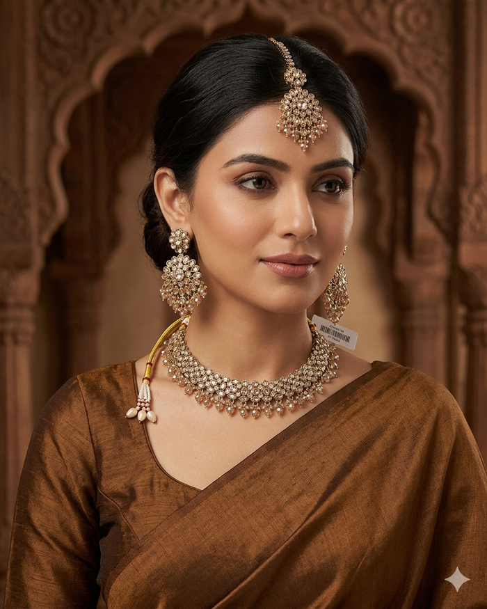 Crystal / Neutral - Large Size Antique Gold Finish Necklace Set with Earrings & Head Piece - JIG111 04Cp26