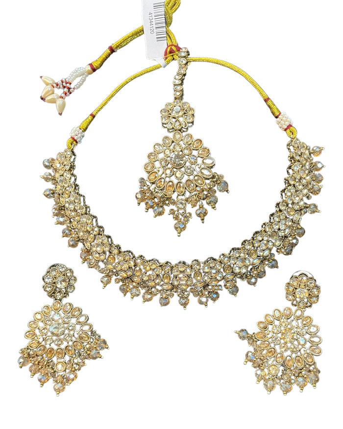 Crystal / Neutral - Large Size Antique Gold Finish Necklace Set with Earrings & Head Piece - JIG111 04Cp26