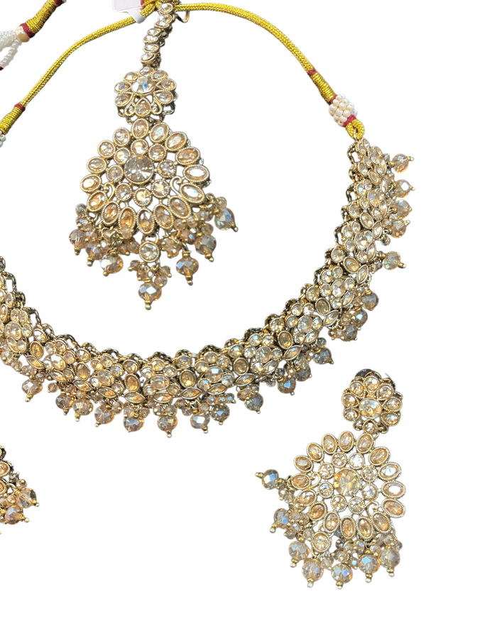 Crystal / Neutral - Large Size Antique Gold Finish Necklace Set with Earrings & Head Piece - JIG111 04Cp26