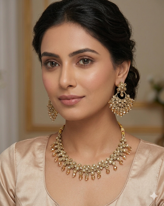 Crystal / Neutral - Medium Size Antique Gold Finish Necklace Set with Earrings & Head Piece - KAJ1016 03KK26
