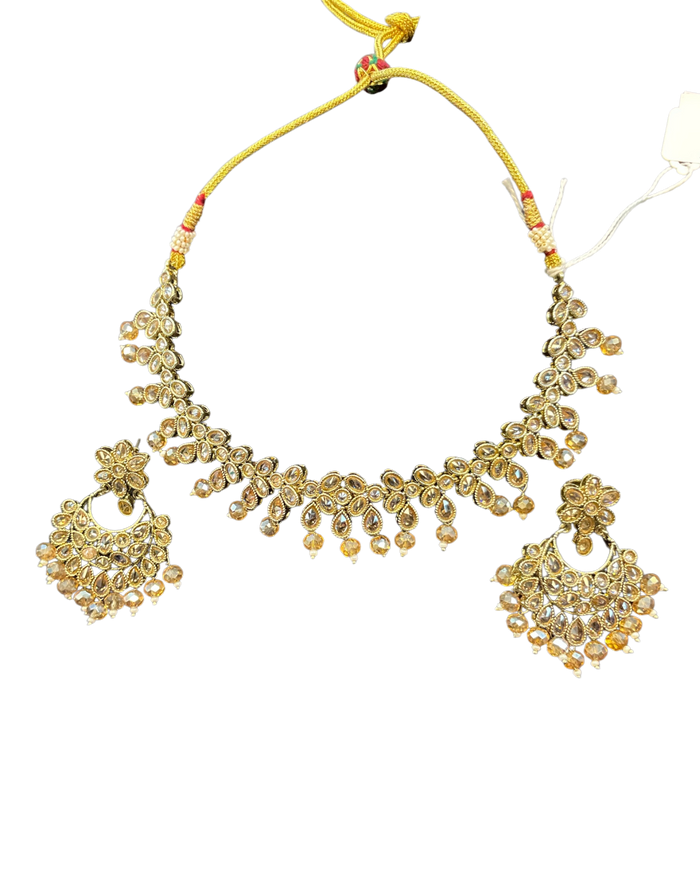 Crystal / Neutral - Medium Size Antique Gold Finish Necklace Set with Earrings & Head Piece - KAJ1016 03KK26