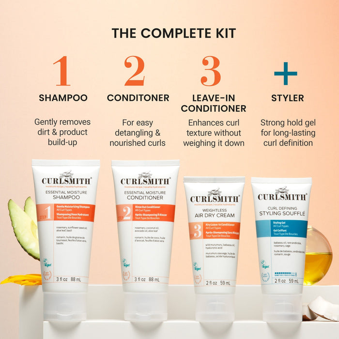 Curlsmith hair care product set with shampoo, conditioner, leave-in conditioner, and styling gel on a peach background.