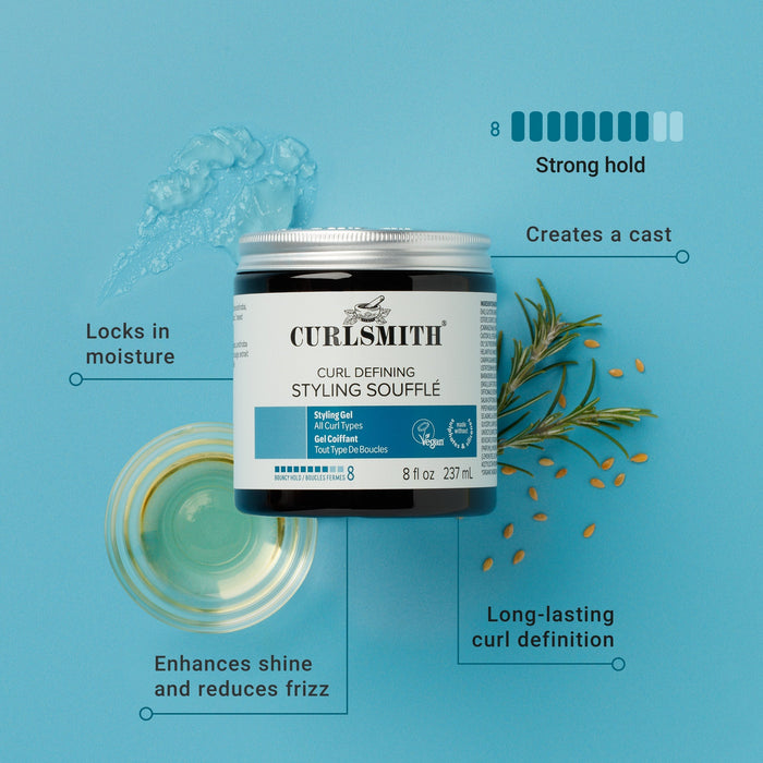 Curlsmith styling souffle jar with product features on a blue background