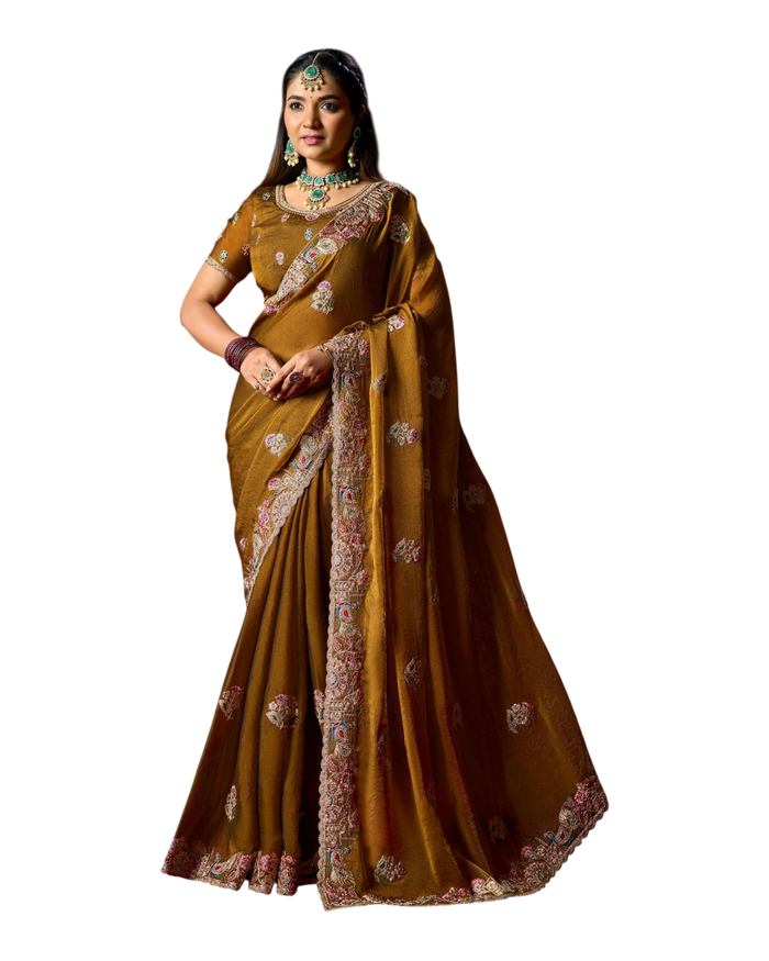 Dark Gold - Fancy Party Saree with Blouse Piece - UK stock - 24hr Dispatch - LTF901 07VV26
