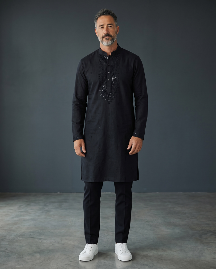 Dark Navy Blue - Soft Cotton Infused Mens Kurta Set with Rich Sequins Embroidery - Sangeet Mehendi Haldi - KCS3001 06KH26