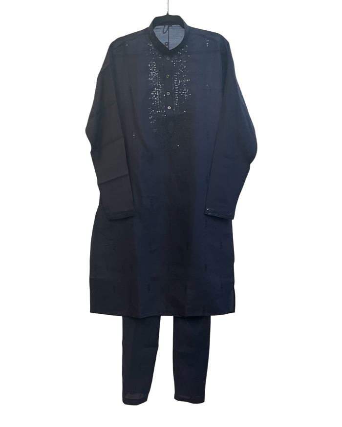 Dark Navy Blue - Soft Cotton Infused Mens Kurta Set with Rich Sequins Embroidery - Sangeet Mehendi Haldi - KCS3001 06KH26