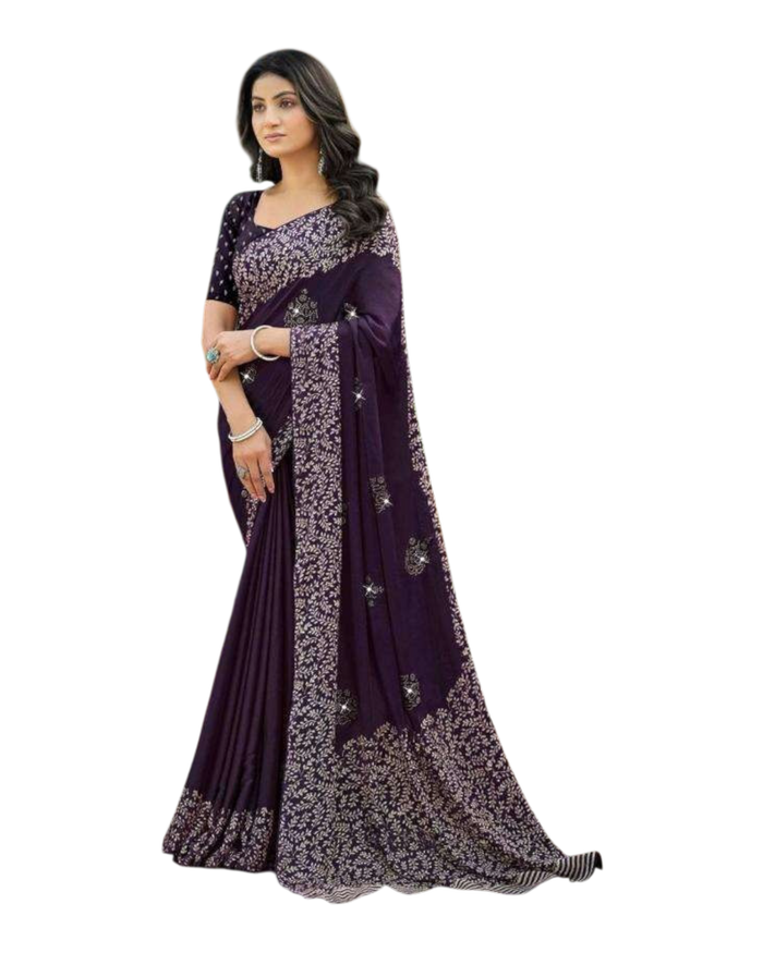 Dark Wine - Chiffon Printed Saree with Blouse Piece - UK stock - 24hr Dispatch - LTF105 07KT26