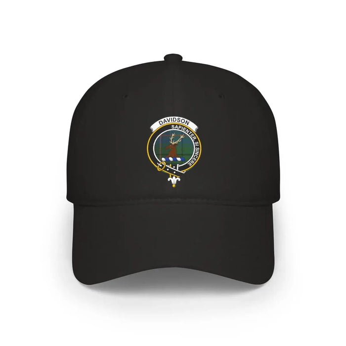 Davidson clan crest tartan cap in black — 100% cotton with Sapienter Si Sincere heraldic design