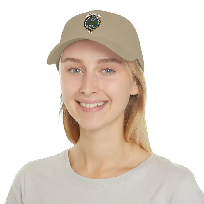 Davidson clan crest cap in khaki — Wisely if Sincerely design on low-profile cotton