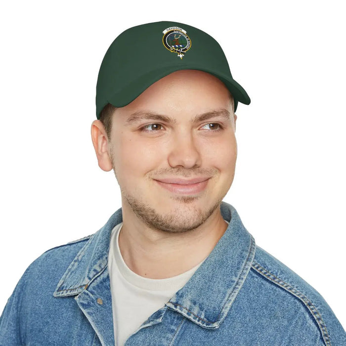 Davidson tartan cap in dark green — clan crest and Sapienter Si Sincere on cotton front panel