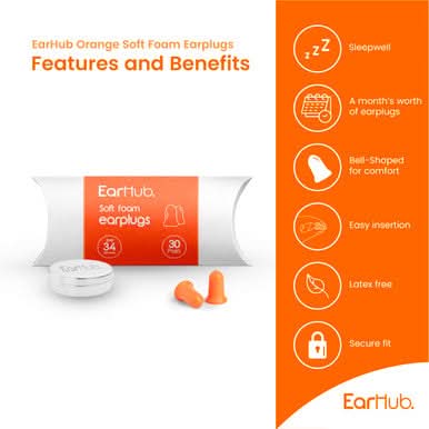 EarHub Premium Soft Foam Earplugs Orange 30 Pairs