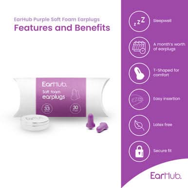 EarHub Sleepwell Premium Foam Earplugs Purple 30 Pairs