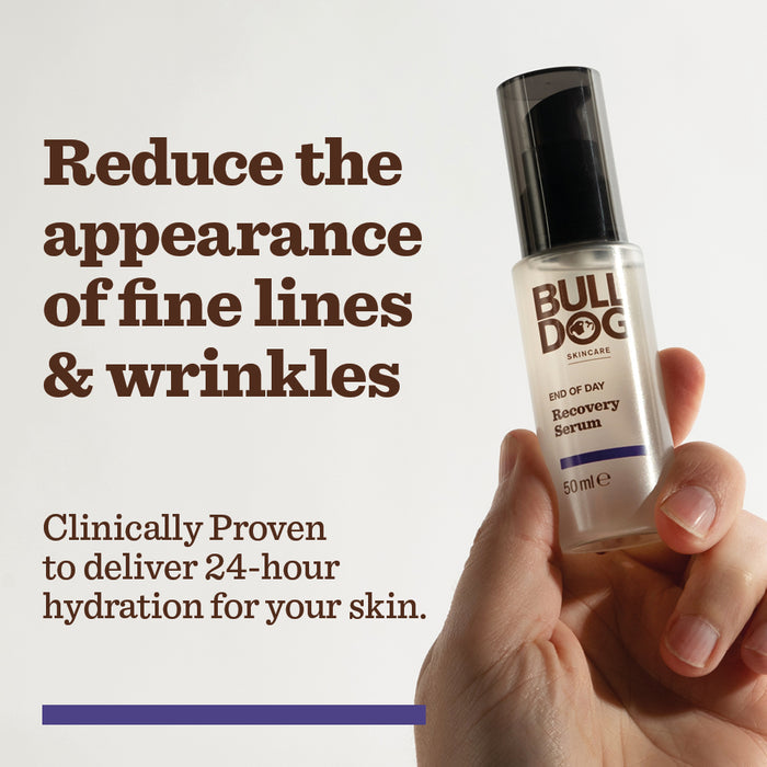 A hand holds a bottle of End of Day Recovery Serum. Text: Visibly reduces fine lines & wrinkles. Clinically proven to hydrate skin for 24 hours.