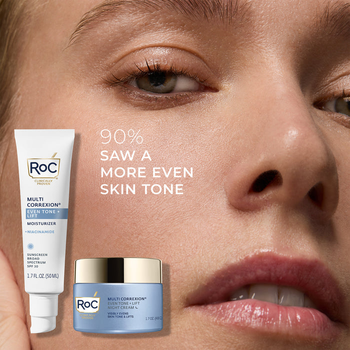 MODEL IMAGE, EVEN TONE + LIFT MOISTURIZER WITH EVEN TONE + LIFT NIGHT CREAM, 90% SAW A MORE EVEN SKIN TONE