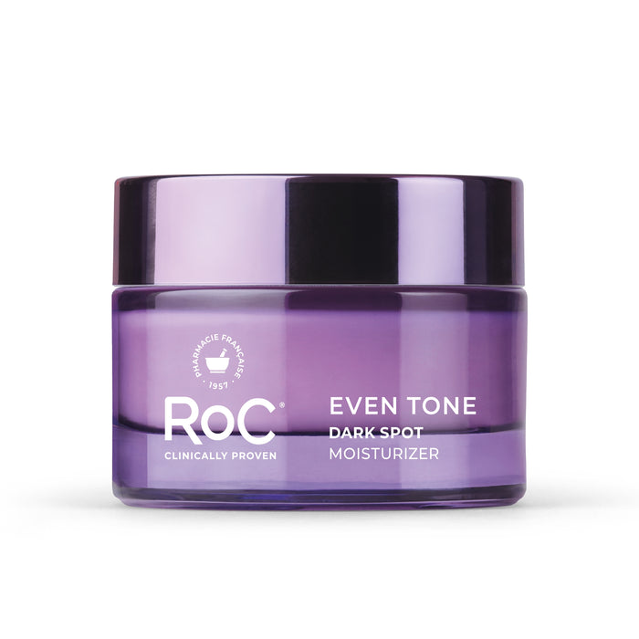 Purple jar of RoC Even Tone Dark Spot Moisturizer on a white background