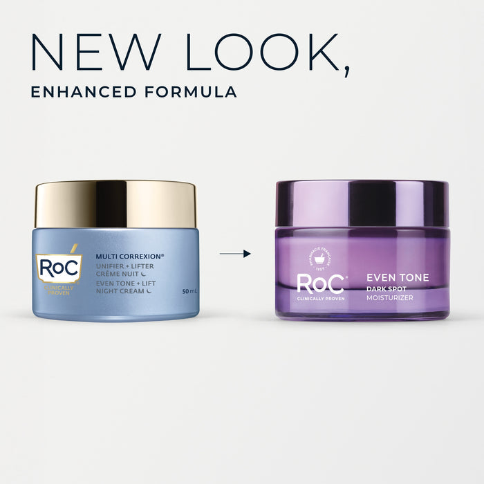 Two RoC skincare products with a 'New Look, Enhanced Formula' text on a light gray background.