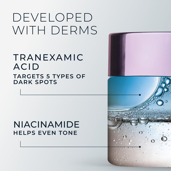 Skincare product with text about Tranexamic Acid and Niacinamide on a light gray background