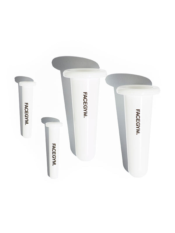 several white containers with black text