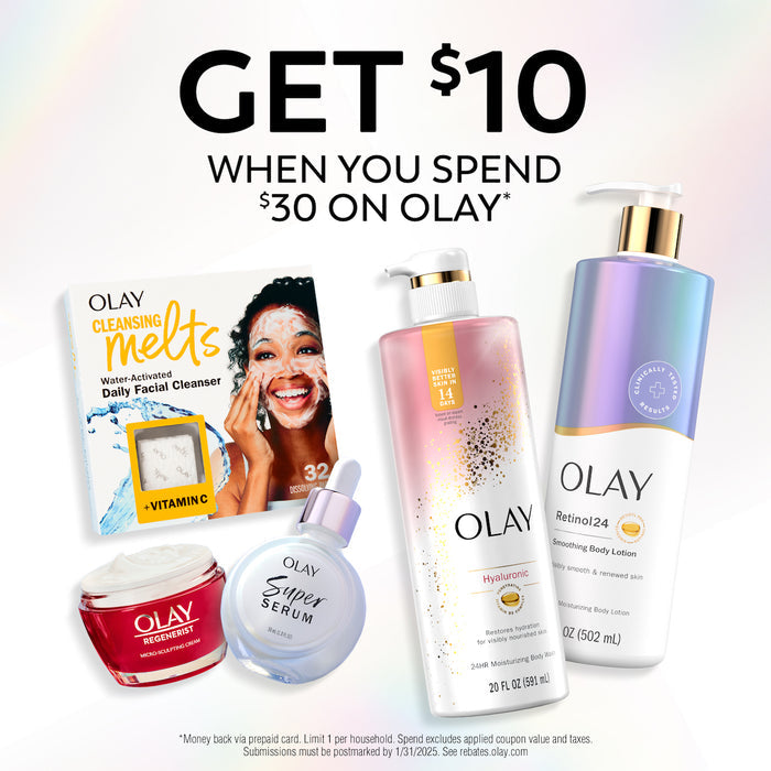 Rebate Get $10 when you spend $30 on Olay. *Money back via prepaid card. Limit 1 per household. Spend excludes applied coupon value and taxes. Submissions must be postmarked by 1/31/2025. See reabates.olay.com