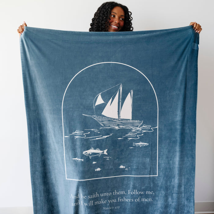 Fishers of Men Christian blanket featuring Matthew 4:19 scripture and sailboat design – faith-based gift and inspirational throw blanket