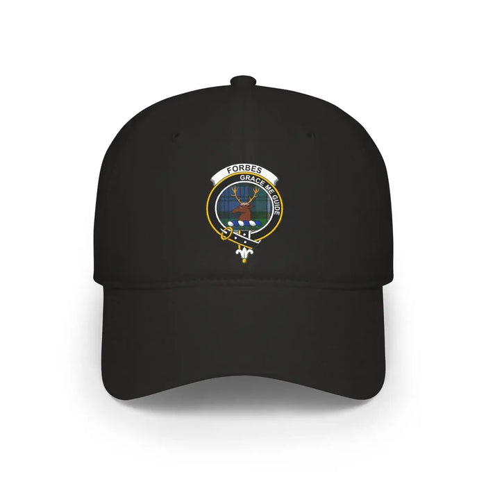 Forbes clan crest tartan cap in black — 100% cotton with Grace Me Guide stag heraldic design