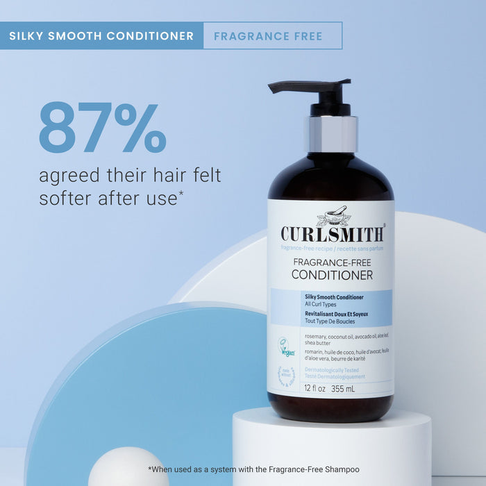 Curlsmitth conditioner bottle on a light blue background with text about hair softness.