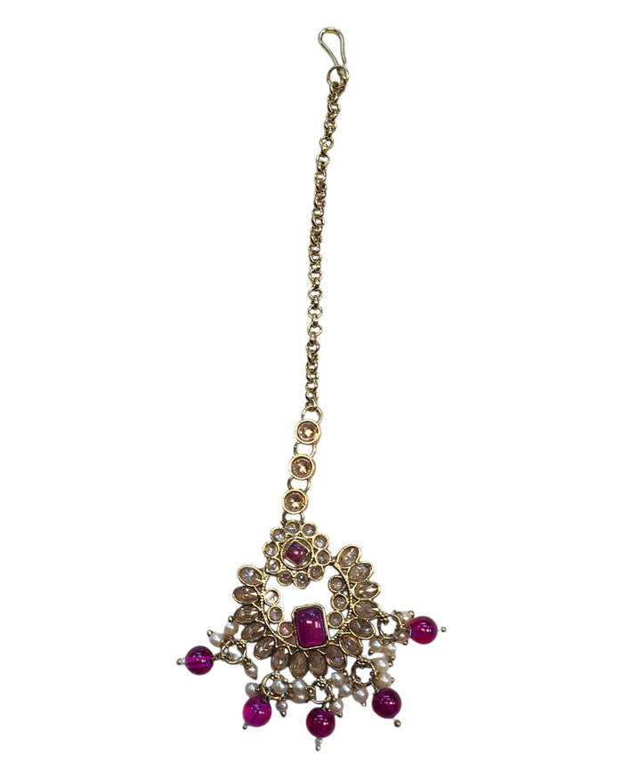 Fuchsia - Large - Antique Gold Finish Traditional Tika Head piece - Bollywood - Weddings - PRI1773  11V24