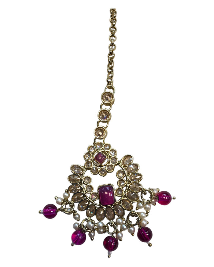 Fuchsia - Large - Antique Gold Finish Traditional Tika Head piece - Bollywood - Weddings - PRI1773  11V24