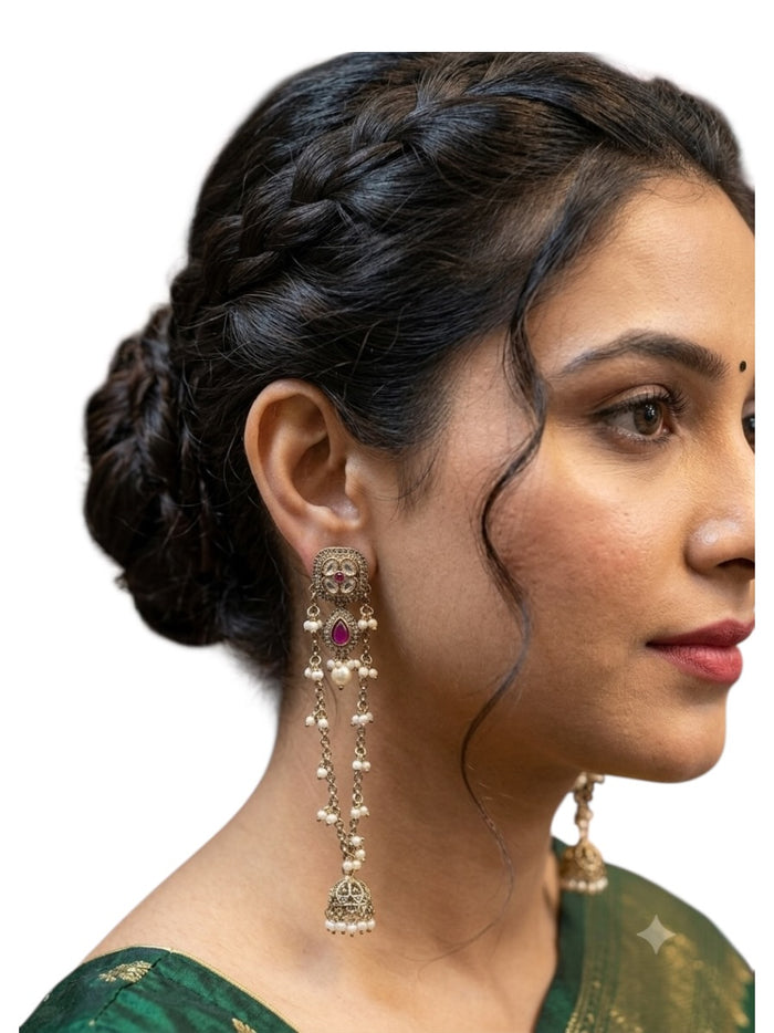 Fuchsia Magenta Pink - Medium - Antique Gold Finish Traditional Earrings - Bollywood - Weddings - 15JE62 07R26