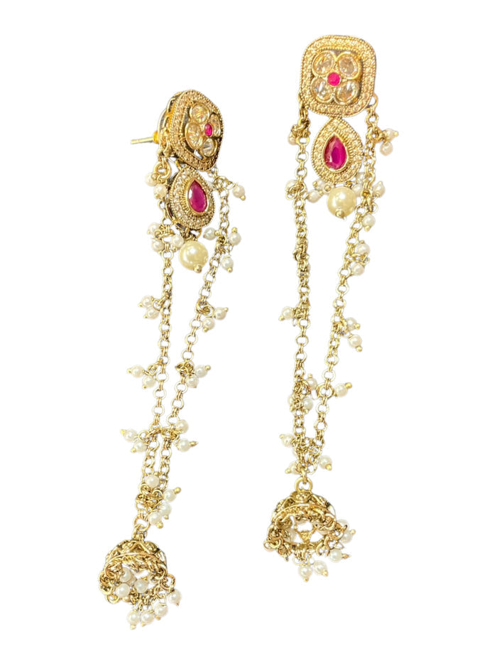 Fuchsia Magenta Pink - Medium - Antique Gold Finish Traditional Earrings - Bollywood - Weddings - 15JE62 07R26