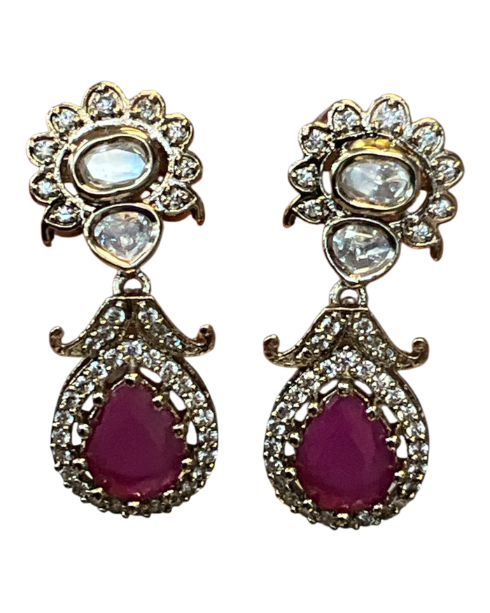 Fuchsia / Rani / Magenta - Small - Antique Gold Finish Traditional Earrings - Bollywood - Weddings - 15ER715 07J26