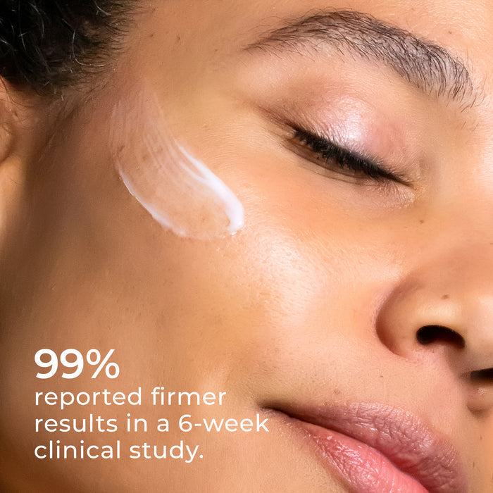 Close-up of a woman applying Get A Lift Firming Facial Cream to her cheek with text showing 99% reported firmer-looking skin after six weeks.