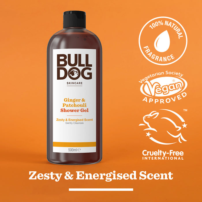 A bottle of Ginger & Patchouli Shower Gel sits on an orange background, displaying icons for 100% natural fragrance, Vegan approved, Cruelty-Free, and text reading Zesty & Energised Scent.