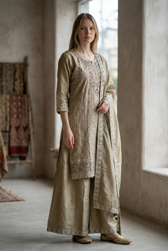 Gold - Ladies Medium Length Top Palazzo Trousers Suit - Size 12 (38") - KTC250149 TK