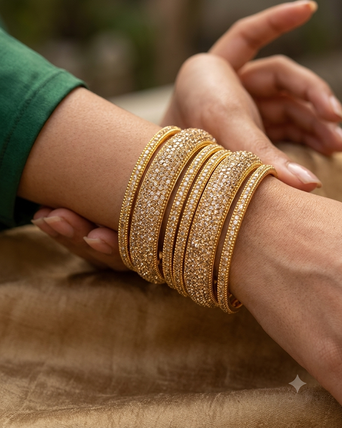 Gold Finish - Set of 6 Stone Bangles -  M to XXL - 5Line 07Kp26