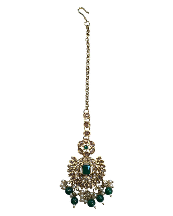 Green - Large - Antique Gold Finish Traditional Tika Head piece - Bollywood - Weddings - PRI1773  11V24