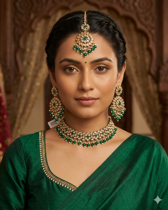 Green - Large Size Antique Gold Finish Necklace Set with Earrings & Head Piece - JIG111 04Cp26