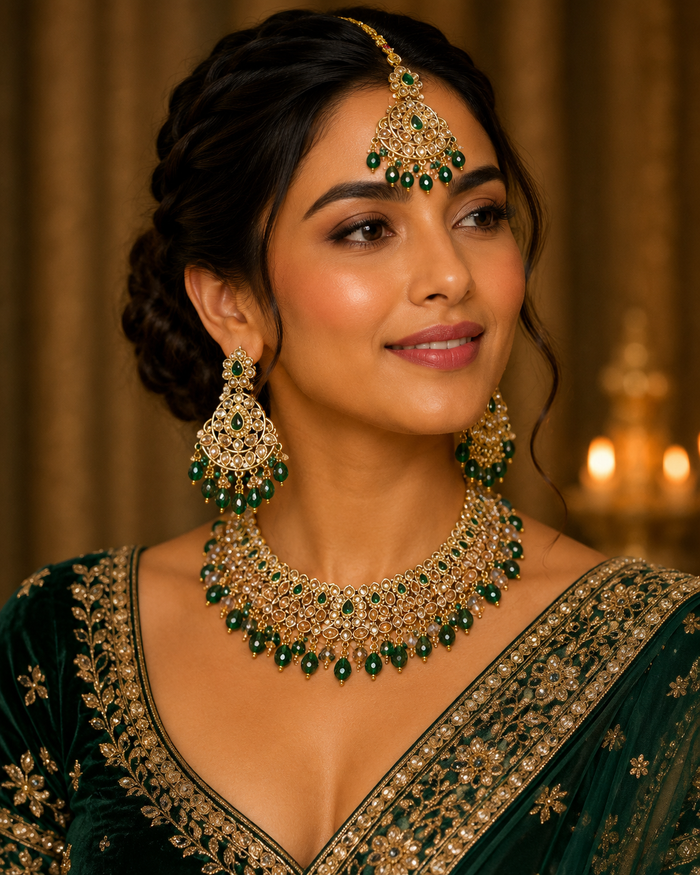 Green - Large Size Antique Gold Finish Necklace Set with Earrings & Head Piece - JIG82 04KV26