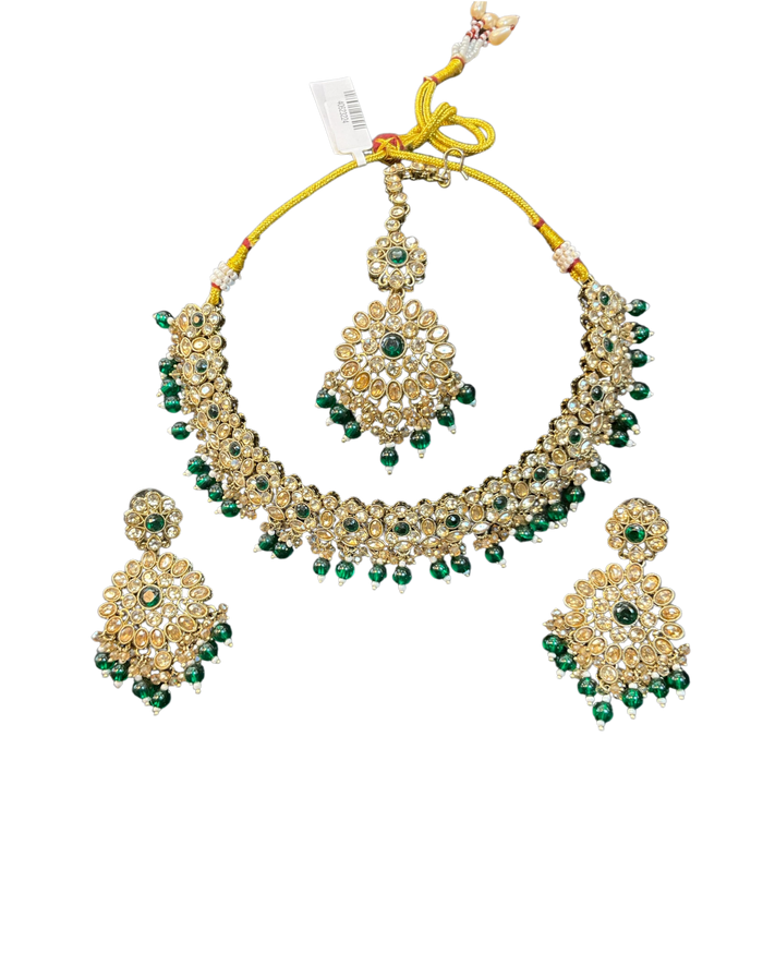 Green - Large Size Antique Gold Finish Necklace Set with Earrings & Head Piece - JIG111 04Cp26