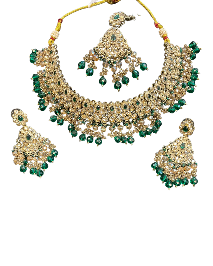 Green - Large Size Antique Gold Finish Necklace Set with Earrings & Head Piece - JIG82 04KV26