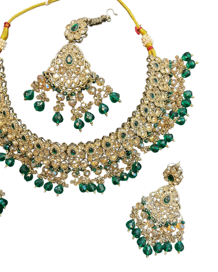 Green - Large Size Antique Gold Finish Necklace Set with Earrings & Head Piece - JIG82 04KV26