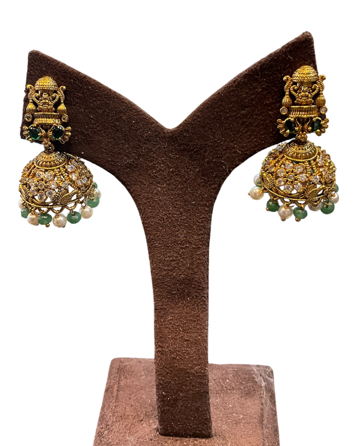 Green - Medium - Antique Gold Finish Traditional Earrings - Bollywood - Weddings - AE2611 P